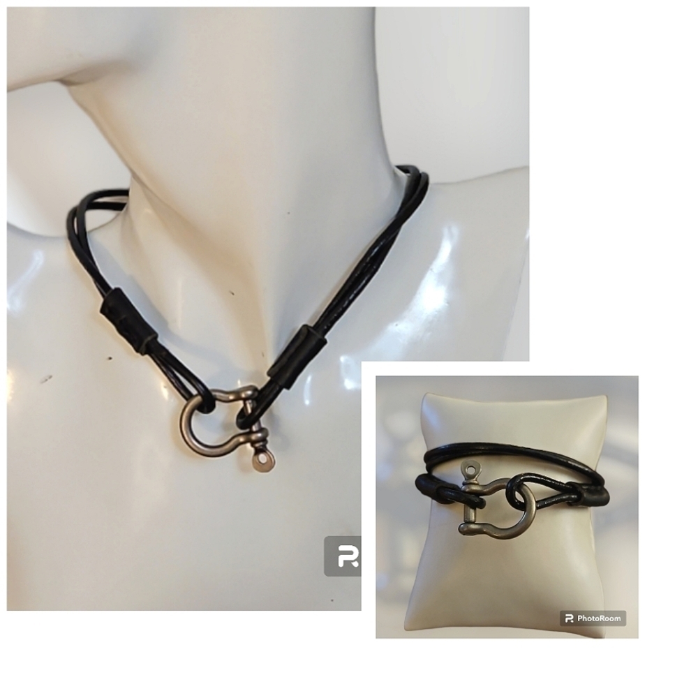 Black Leather Boat Anchor Nautical Screw Pin Shackle Choker Viking Necklace